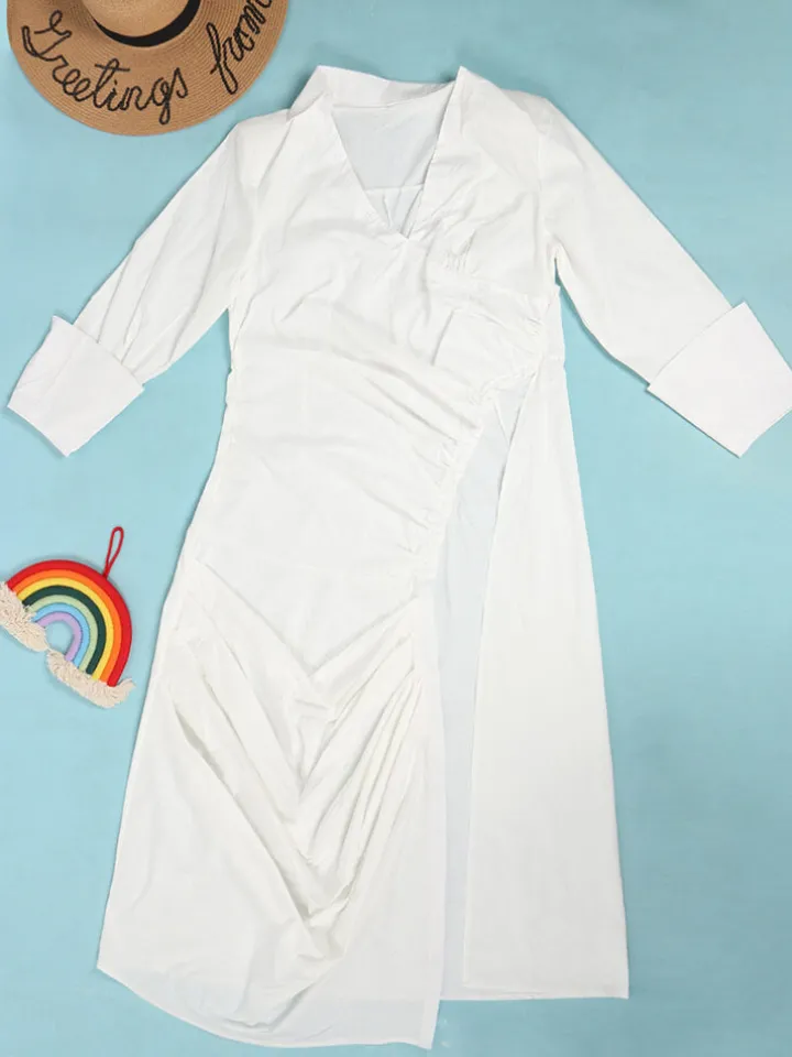 Long Sleeve V Neck Ruched Split Top