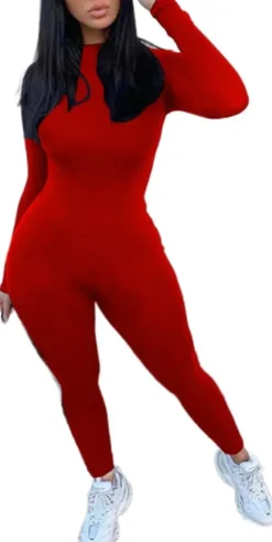 Long Sleeve Zipper Bodycon Solid Color Jumpsuit