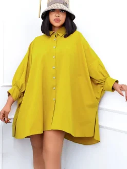 Long Sleeves Button Loose Mini Shirt Dress