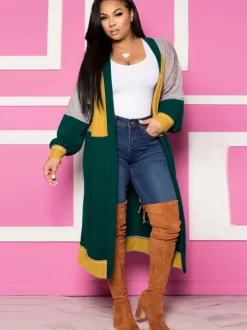 Long Sleeves Color Block Long Cardigan