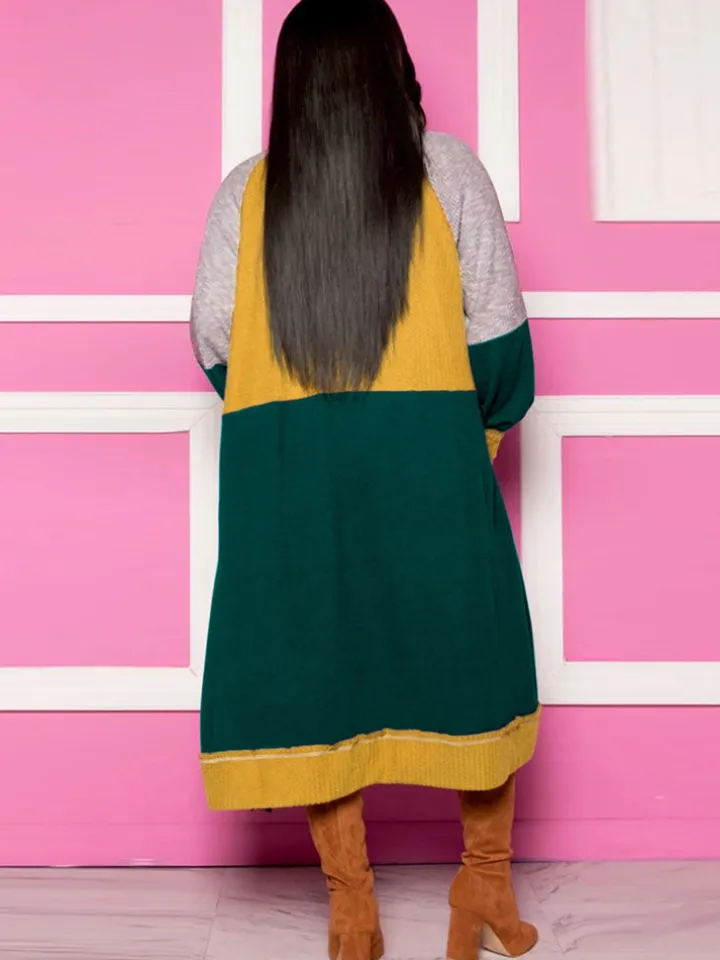 Long Sleeves Color Block Long Cardigan