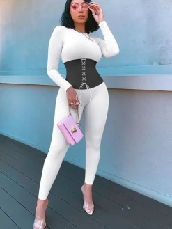 Long Sleeves Color Block Tie Up Jumpsuit