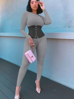 Long Sleeves Color Block Tie Up Jumpsuit