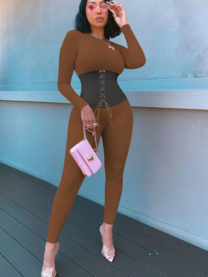 Long Sleeves Color Block Tie Up Jumpsuit