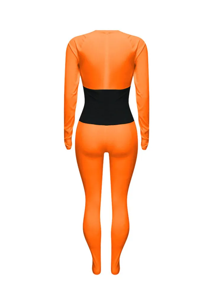 Long Sleeves Color Block Tie Up Jumpsuit