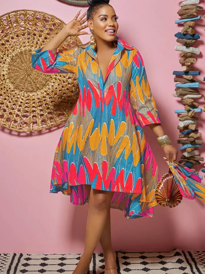 Long Sleeves Figure Print Midi Shirt Dress