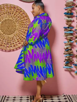 Long Sleeves Figure Print Midi Shirt Dress