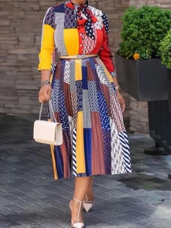 Long Sleeves Figure Print Midi Dresss