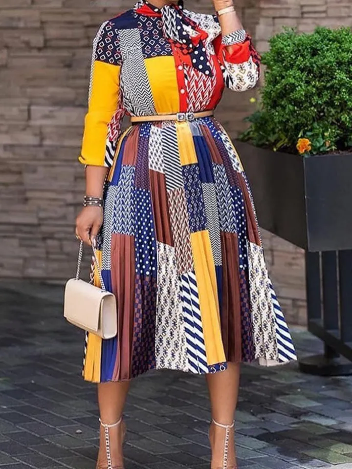 Long Sleeves Figure Print Midi Dresss