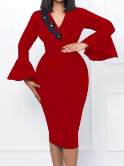 Long Sleeves Flower Patchwork Midi Dress