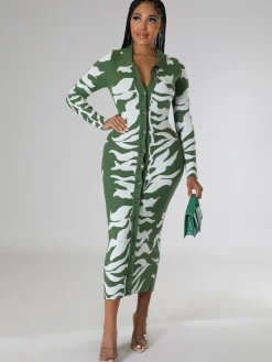 Long Sleeves Lapel Button Midi Dress