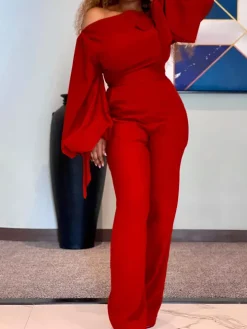 Long Sleeves One Shoulder Tie Up Jumpsuit