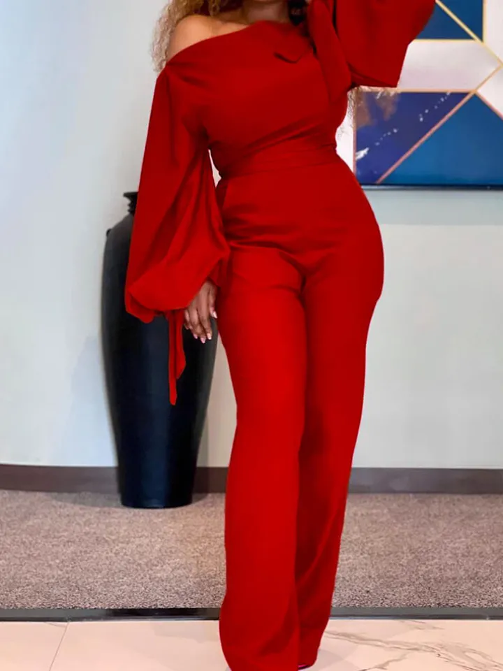 Long Sleeves One Shoulder Tie Up Jumpsuit