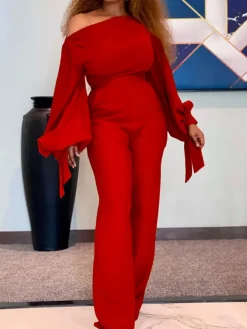 Long Sleeves One Shoulder Tie Up Jumpsuit