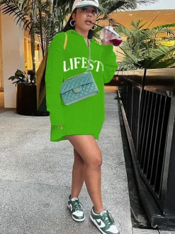 Long Sleeves Ribbed Knit Letter Print Sweaters