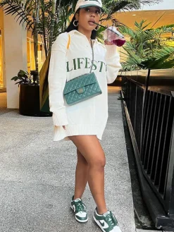 Long Sleeves Ribbed Knit Letter Print Sweaters