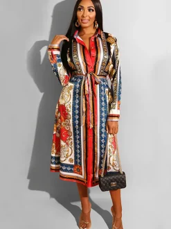 Long Sleeves Totem Pattern Belted Midi Dress