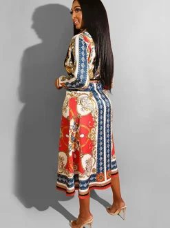 Long Sleeves Totem Pattern Belted Midi Dress