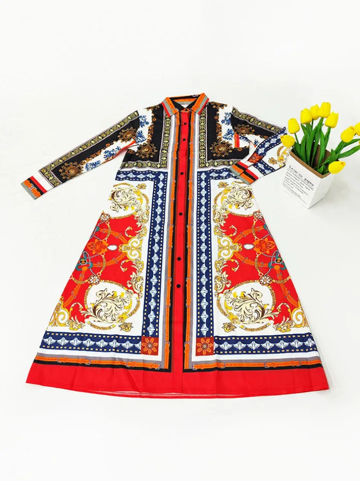 Long Sleeves Totem Pattern Belted Midi Dress