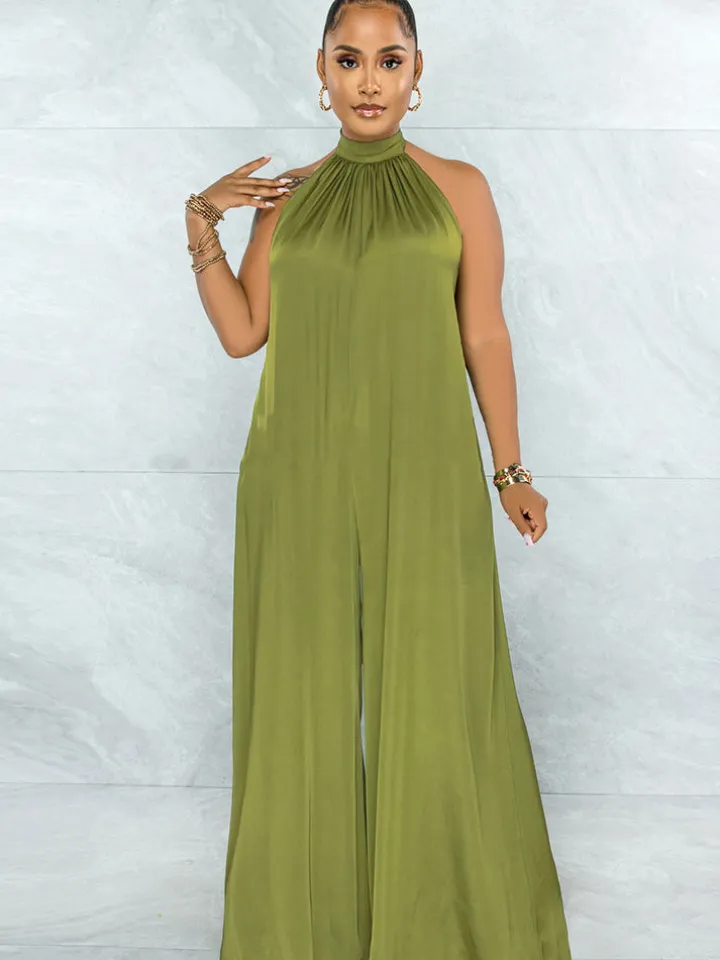 Loose Fit Halter Backless Wide Leg Jumpsuit