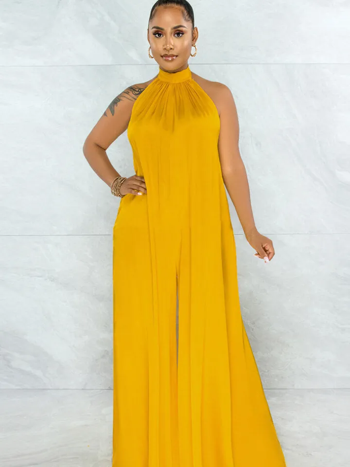 Loose Fit Halter Backless Wide Leg Jumpsuit