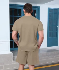 Mens Two Pieces Waffle Top Shorts Set