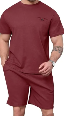 Mens Two Pieces Waffle Top Shorts Set