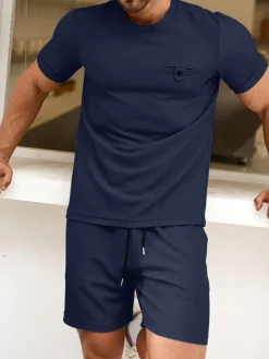 Mens Two Pieces Waffle Top Shorts Set