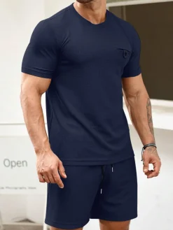 Mens Two Pieces Waffle Top Shorts Set