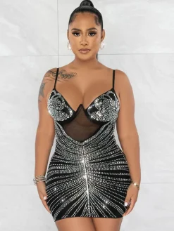 Mesh and Rhinestone Splice Halter Mini Dress