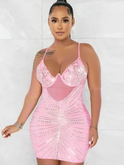 Mesh and Rhinestone Splice Halter Mini Dress