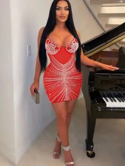 Mesh and Rhinestone Splice Halter Mini Dress