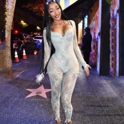 Mesh Long Sleeve Bodycon Jumpsuit