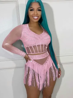 Mesh Long Sleeve Rhinestone Top Tassel Shorts
