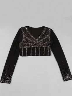 Mesh Long Sleeve Rhinestone Top Tassel Shorts