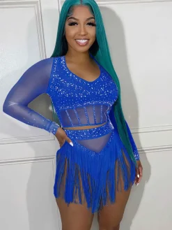 Mesh Long Sleeve Rhinestone Top Tassel Shorts