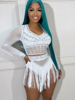 Mesh Long Sleeve Rhinestone Top Tassel Shorts