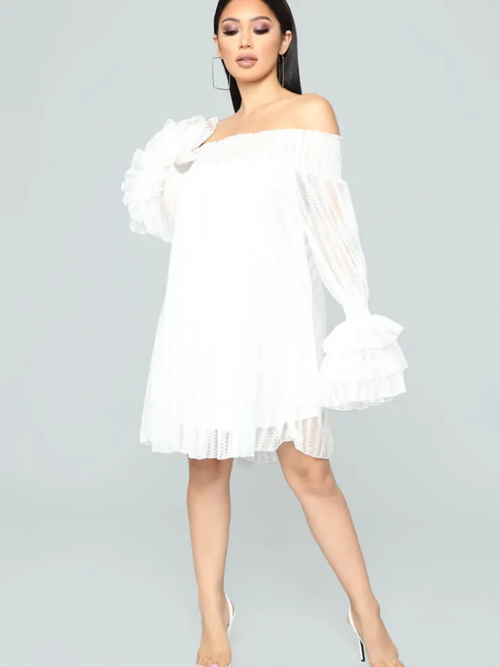 Mesh Off Shoulder Long Sleeve Mini Dress