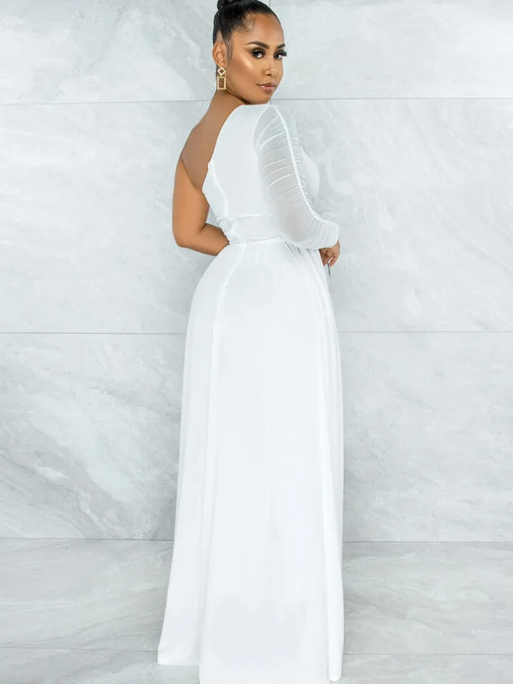 Mesh Patchwork One Shoulder Long Sleeve Jumpsuit