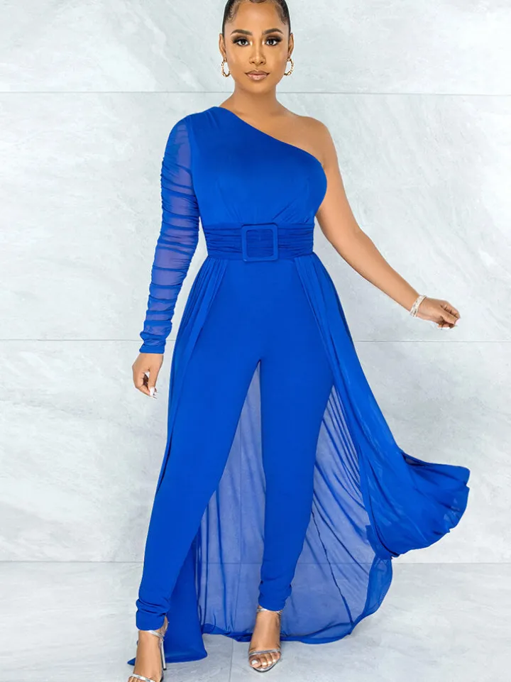 Mesh Patchwork One Shoulder Long Sleeve Jumpsuit