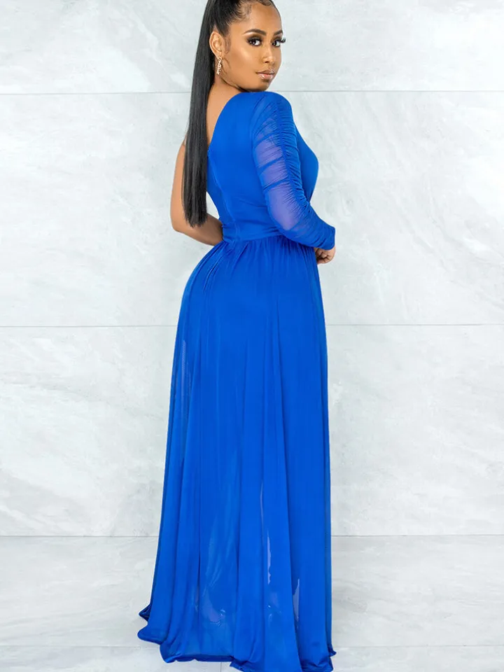 Mesh Patchwork One Shoulder Long Sleeve Jumpsuit