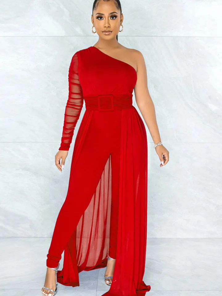Mesh Patchwork One Shoulder Long Sleeve Jumpsuit