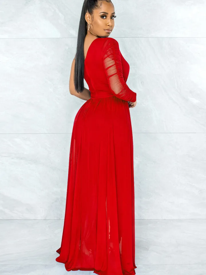 Mesh Patchwork One Shoulder Long Sleeve Jumpsuit