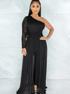 Mesh Patchwork One Shoulder Long Sleeve Jumpsuit