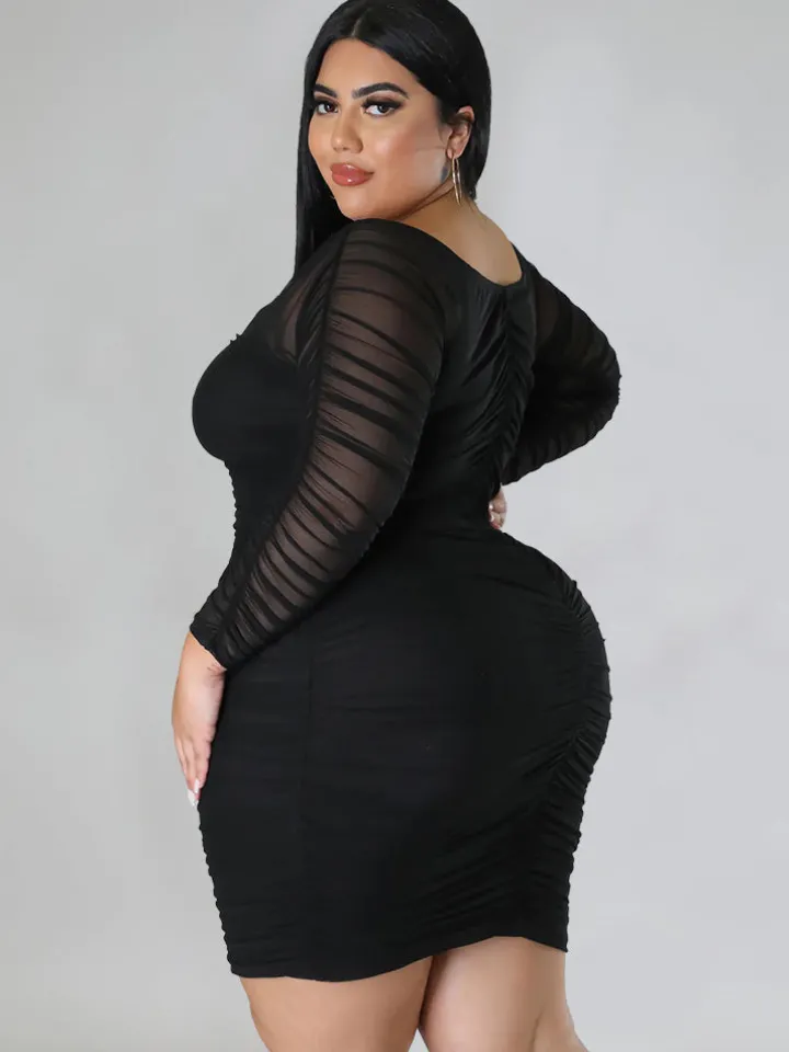 Mesh Patchwork Ruched Plus Size Mini Dress