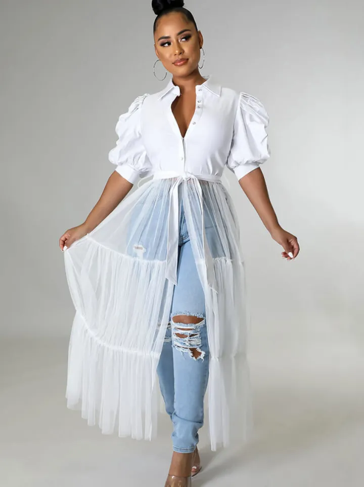 Mesh Patchwork Short Sleeve V Neck Top