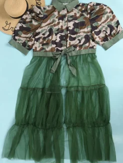 Mesh Patchwork Short Sleeve Camouflage V Neck Top