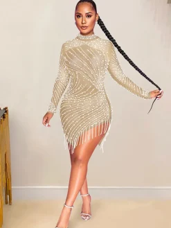 Mesh Rhinestone Asymmetrical Long Sleeve Tassel Mini Dress