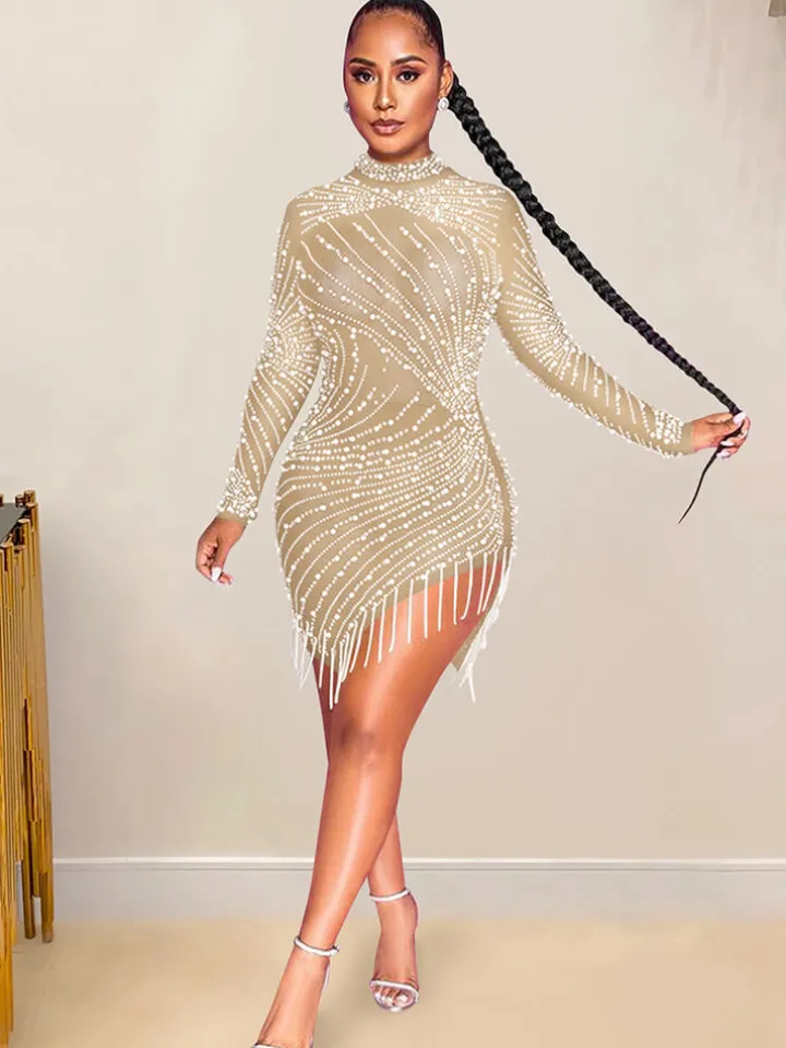 Mesh Rhinestone Asymmetrical Long Sleeve Tassel Mini Dress