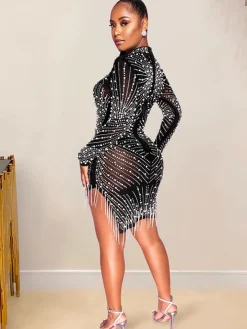 Mesh Rhinestone Asymmetrical Long Sleeve Tassel Mini Dress
